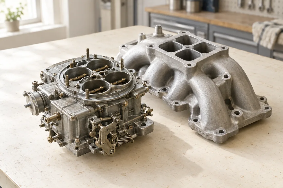 Illustration of a vintage carburetor and aluminum intake manifold on a light workshop bench