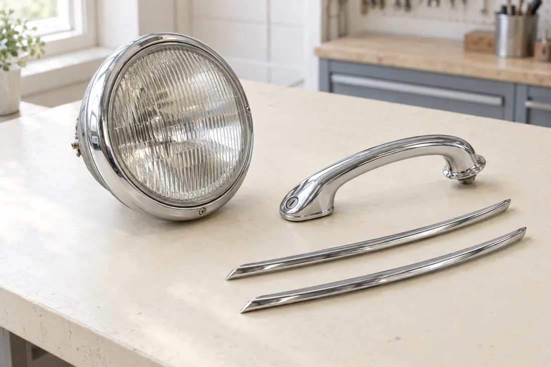 Illustration of a round classic car headlamp, chrome door handle and exterior trim pieces